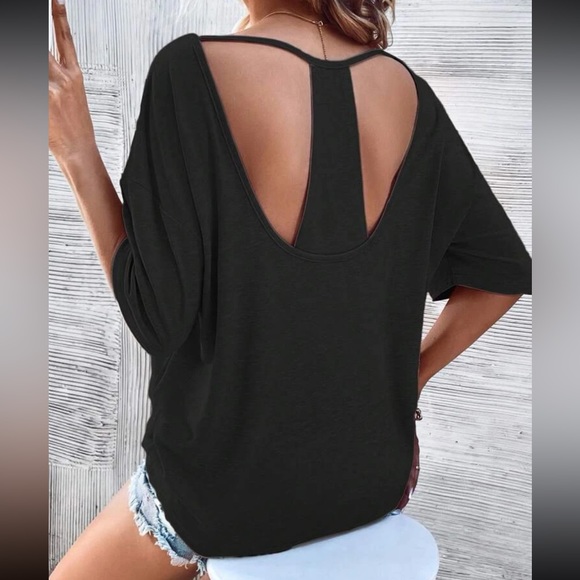 Classic Loose Fit Cut Out Back Batwing Sleeve Tee T Shirt Top Blouse Green - Picture 4 of 9